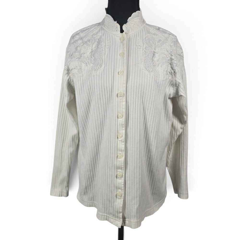 Together Top Women M White Cotton Ribbed Lace Embroidered Button Front Victorian